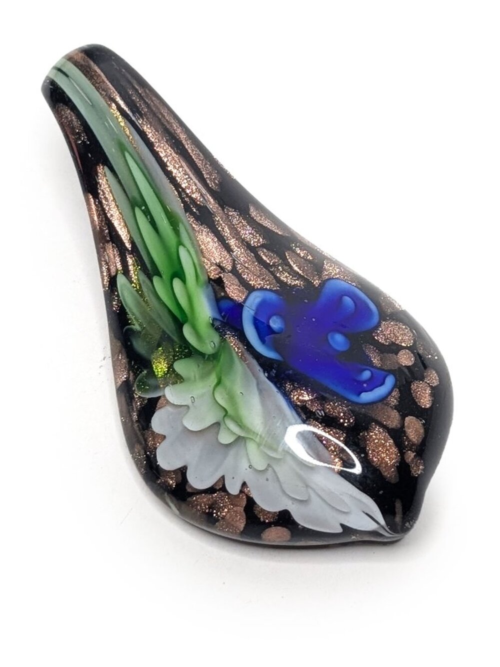 Murano Style Art Glass Drop Floral Pendant Aventurine Necklace Gold Blue Black